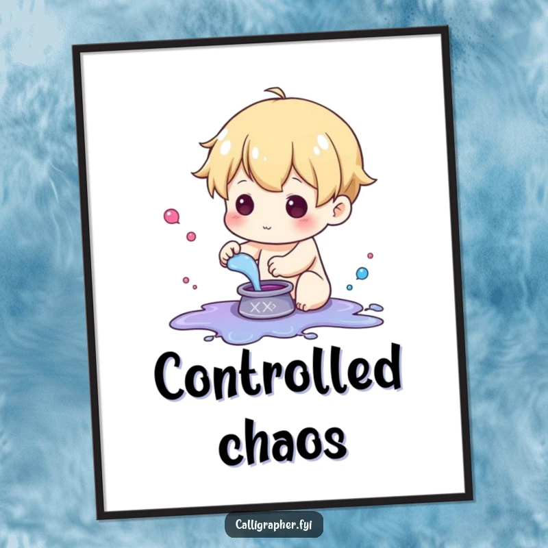 Funny poster featuring a cute character gleefully splashing colorful ink from a small pot with animated energy.