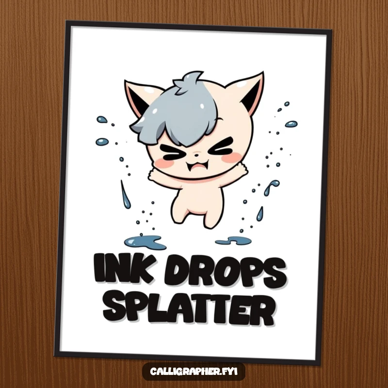 Funny poster illustration of a mischievous character gleefully splattering ink drops, celebrating spontaneous and messy art.