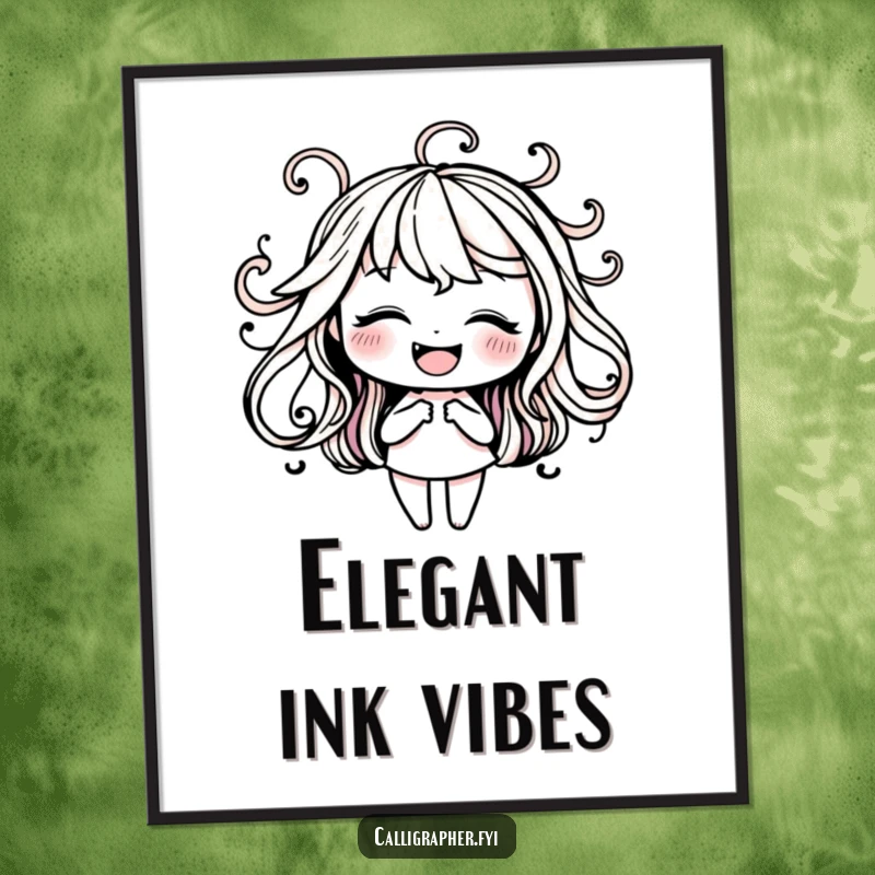 Funny poster illustration of a happy character gracefully drawing elegant ink swirls, celebrating the beauty of lettering.