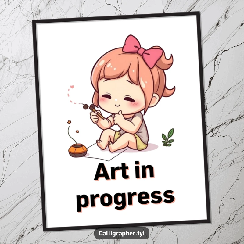 Funny poster of a cute character intensely focused while drawing a very fine and delicate flourish.