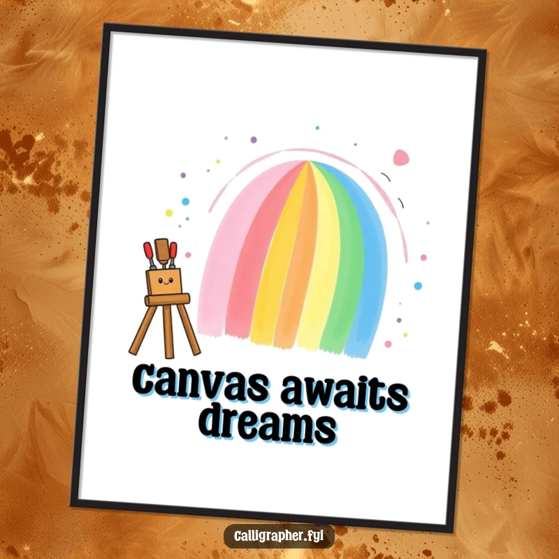 Funny poster of an artist painting a stunning rainbow on a blank canvas, symbolizing imaginative creation and cheerful artistry.