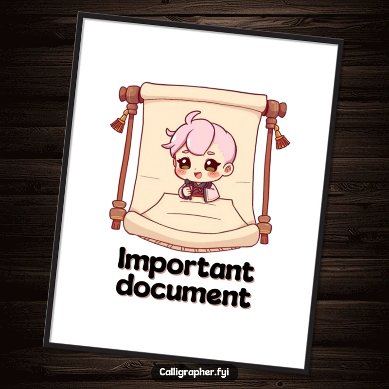 Funny poster print of a cute character dramatically signing a large scroll with an exaggerated flourish, full of theatrical charm.