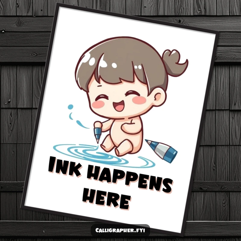 Funny poster of a character happily swirling ink from a pen, bringing artistic fun and creative humor to wall decor.