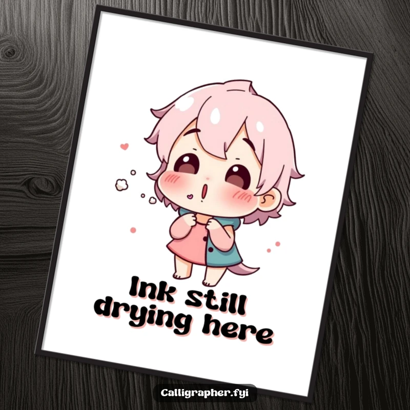 Funny poster art of a surprised character blowing on fresh ink, capturing a humorous moment in the artistic process, ideal for studios.