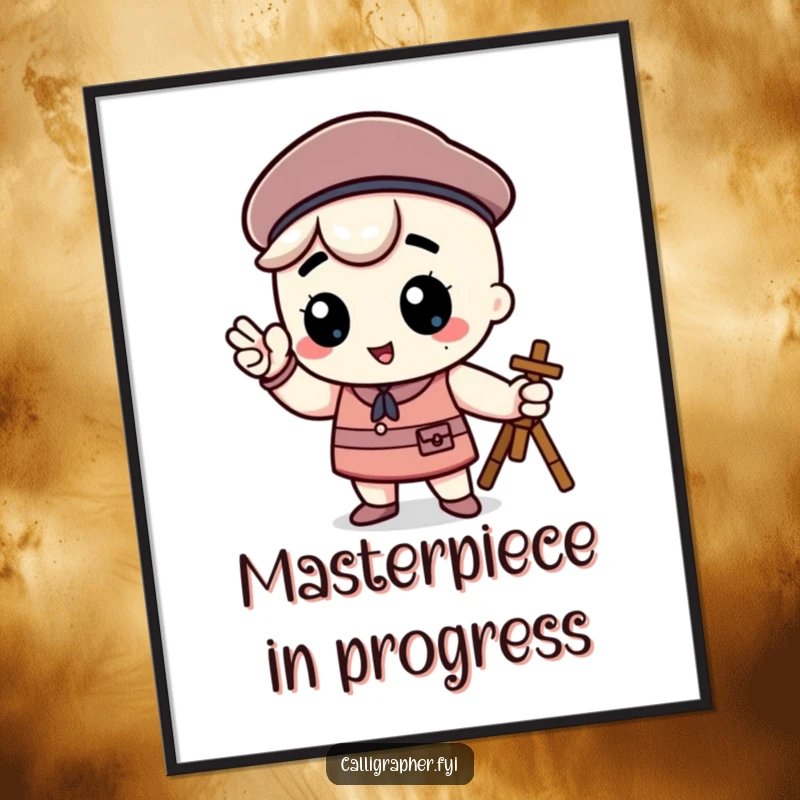 Funny kawaii character wearing a beret and posing proudly as an artist, creating humorous and inspiring wall art for creative spaces.