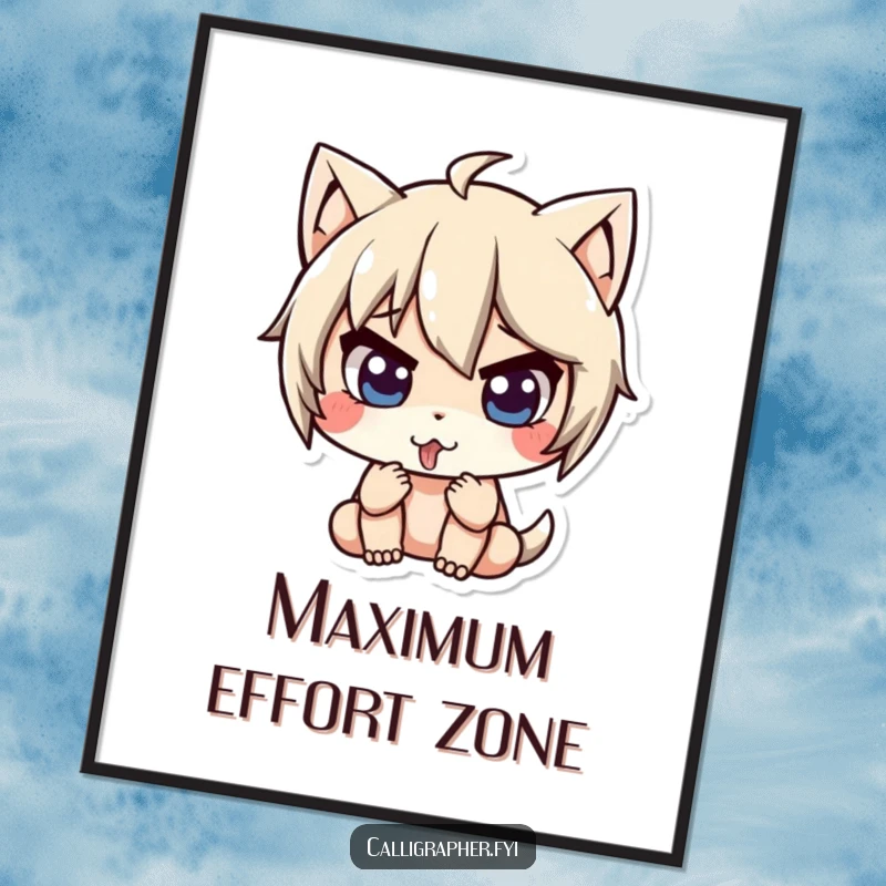 Funny poster of a cute character intensely concentrating, tongue slightly out, capturing a moment of deep thought and effort.