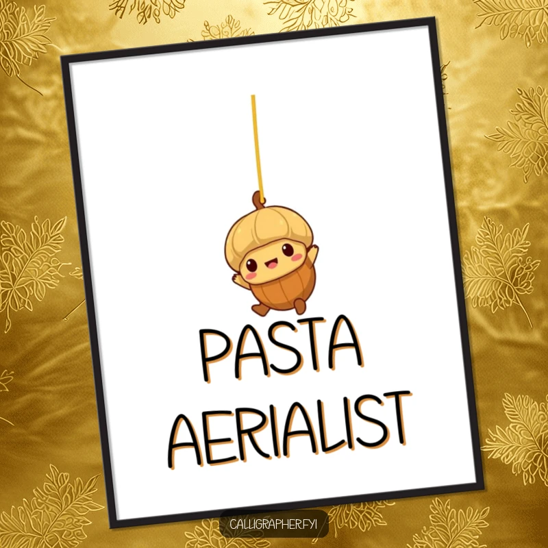Funny poster art of a brave little acorn character swinging from a strand of spaghetti.