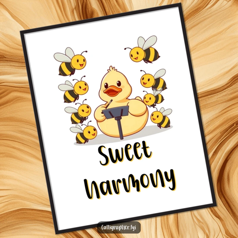 Funny poster depicting a rubber ducky conducting an orchestra of smiling bees, a humorous and vibrant piece of art.