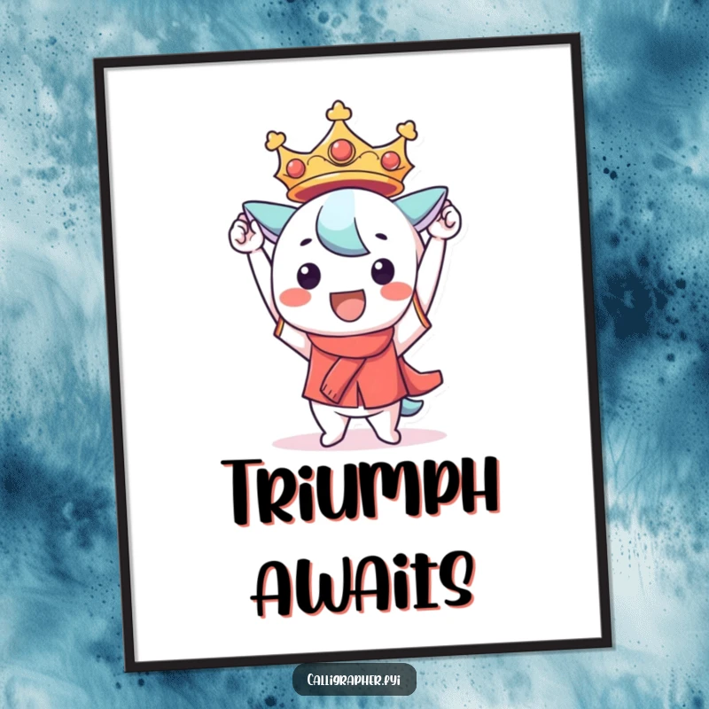 Funny Kawaii character poster, triumphantly holding a perfectly formed, smiling character, embodying pride and success, perfect humorous art.