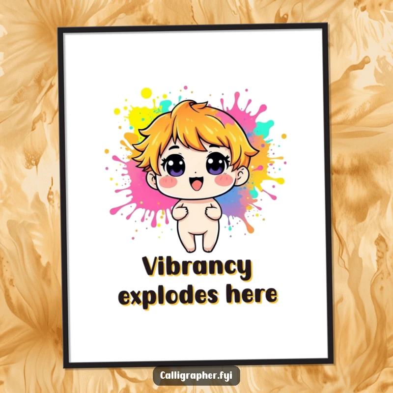 Funny Poster of a playful character joyfully creating vibrant splashes and splatters of paint, bringing dynamic color to any room.