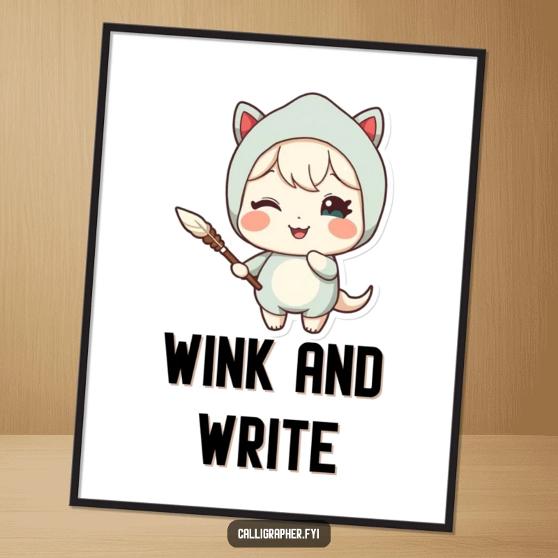 Funny poster showing a cute character holding a quill pen and giving a delightful wink, radiating cleverness and artistic spirit.