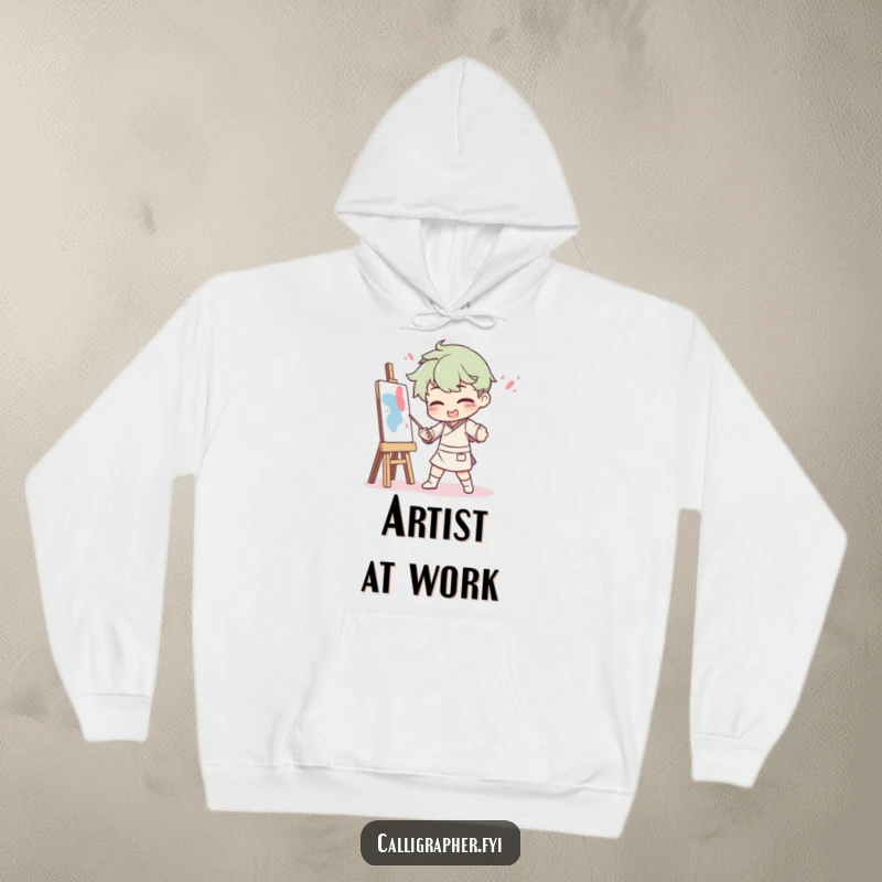 Funny hoodie of an artist attempting a dramatic pose, comically splattered with paint, symbolizing the unpredictable and humorous side of art creation.