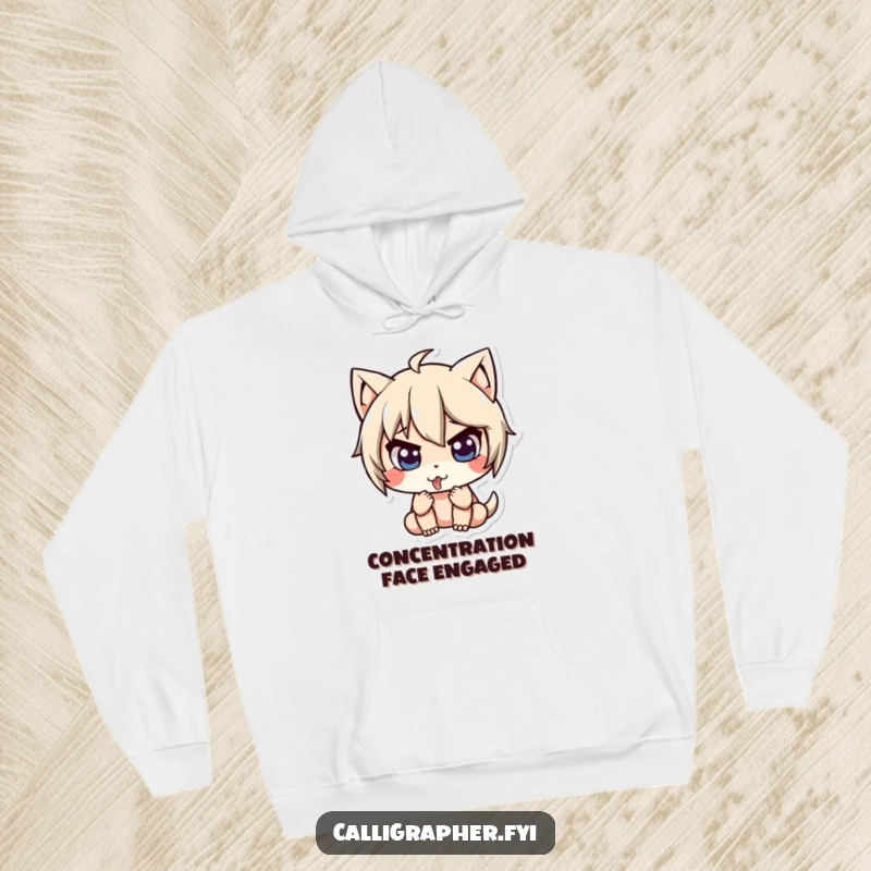 Funny hoodie showing a cute character intensely concentrating, tongue slightly out, embodying deep focus and studious effort.