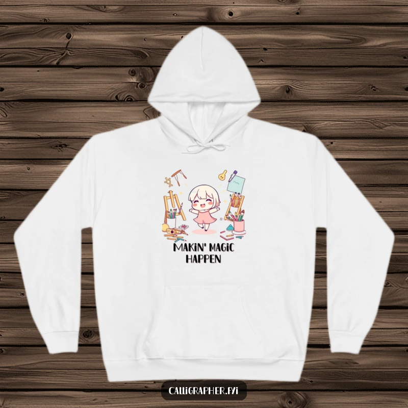 Funny Hoodie: A cute character dances gleefully among paint tubes and palettes, radiating artistic energy and happiness.