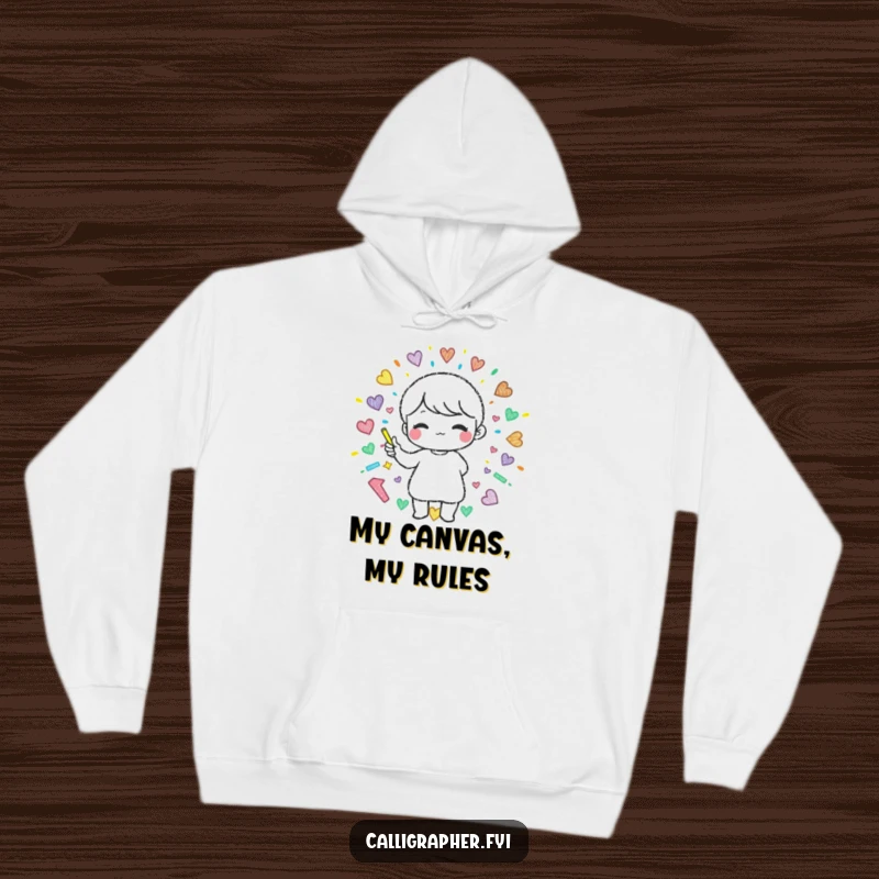 Funny hoodie featuring a cute character using colorful chalk to create a beautiful pattern, radiating creativity and warmth.