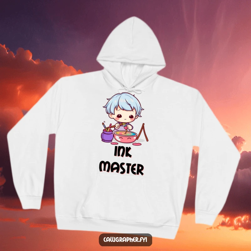 Funny Kawaii Artist Hoodie with a cute character dipping a brush into a colorful ink pot, perfect for staying warm and inspired.