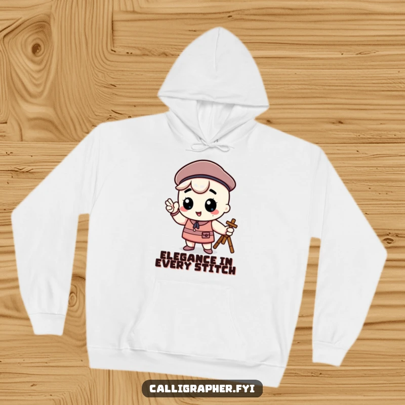 Funny kawaii character in a beret, striking a proud artistic pose, printed on a comfortable hoodie for creative comfort.