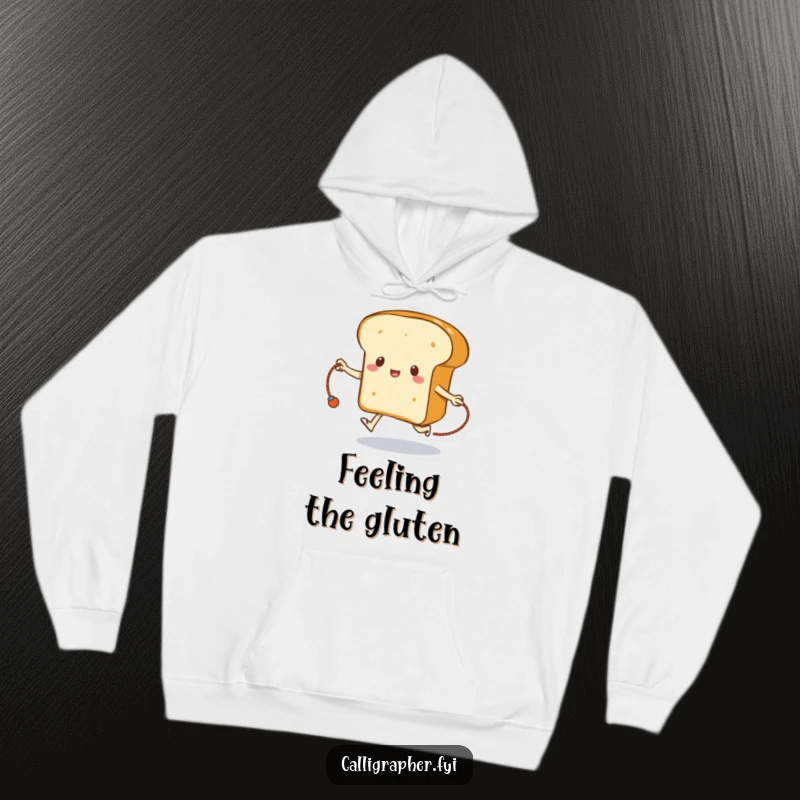 Funny bread hoodie featuring a loaf of bread using its crust to skip rope, a humorous and warm piece of clothing.