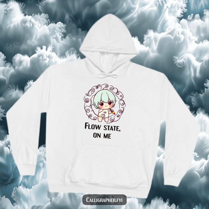 Funny hoodie showcasing a cute character engrossed in creating intricate swirling patterns with a calligraphy pen, radiating creative energy.