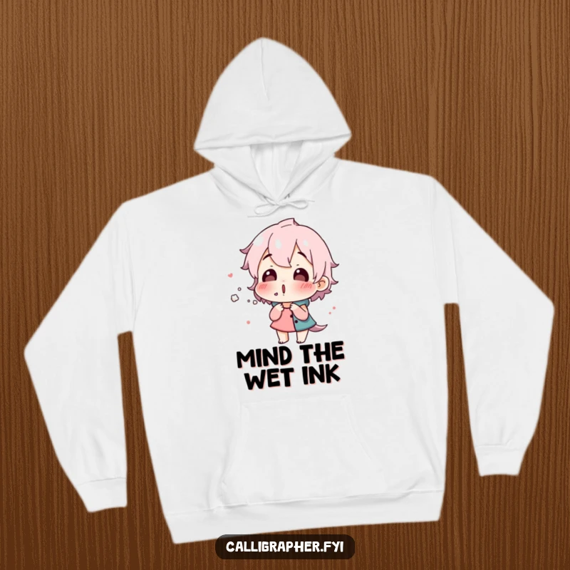Funny hoodie showcasing a surprised character gently blowing on wet ink, a humorous and cozy tribute to artistic dedication.