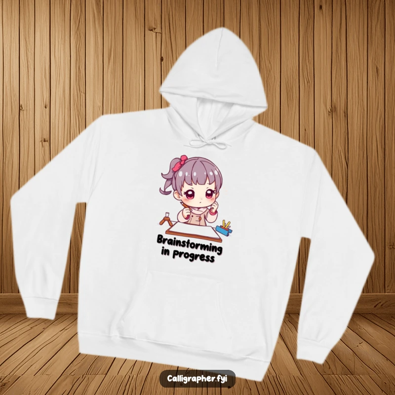 Funny hoodie depicting a character artist in a thoughtful pose, holding a pencil poised above paper, ideal for cozy creative sessions.