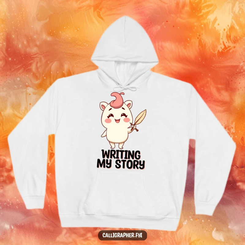 Funny hoodie featuring a cheerful character holding a quill pen with a flourish, radiating creative energy and a love for writing.