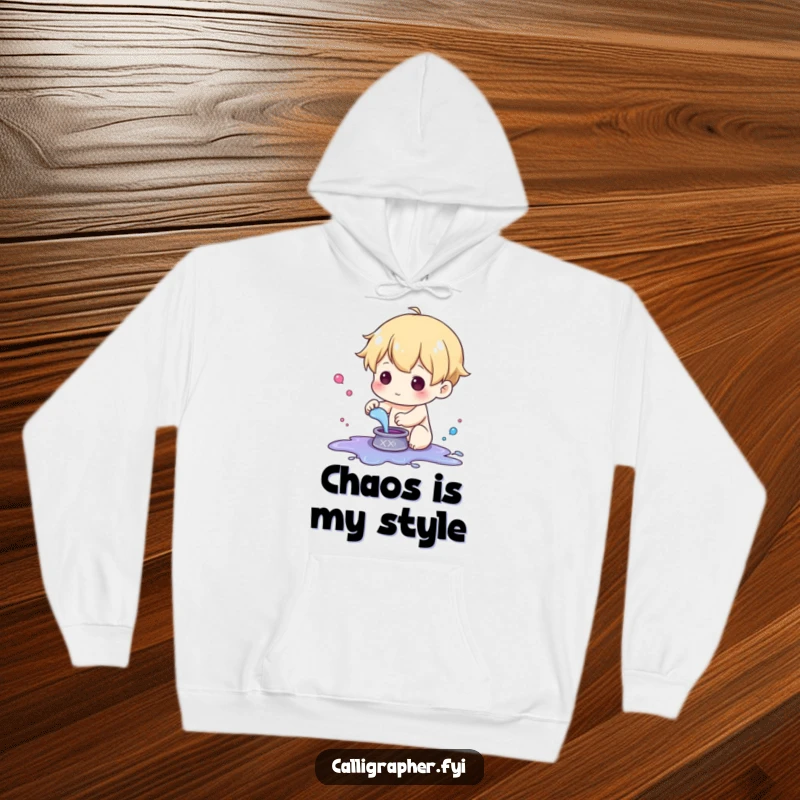 Funny hoodie depicting a cute character playfully splashing ink from a small pot, creating a colorful mess.