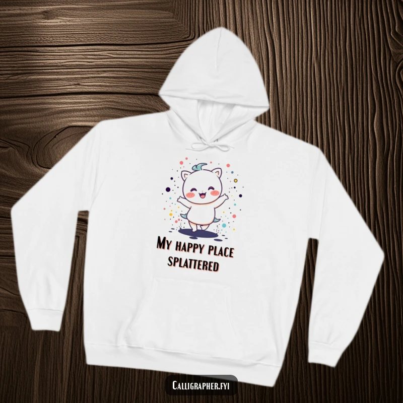 Funny kawaii character in a happy dance pose, surrounded by dynamic ink splatters, printed on a cozy hoodie for ultimate artistic comfort.