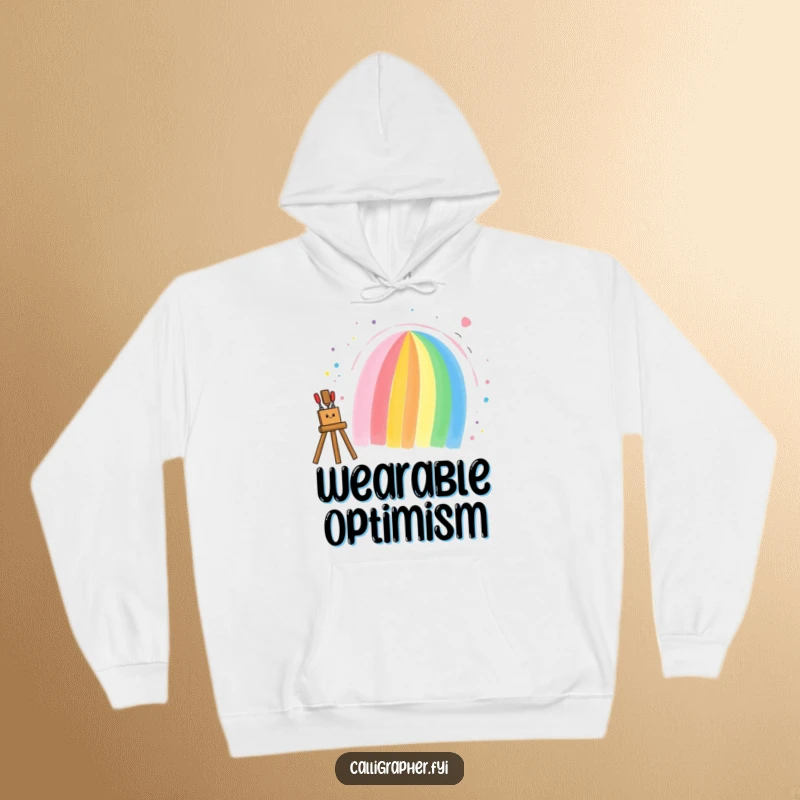 Funny hoodie of an artist energetically painting a vibrant rainbow on a canvas, radiating happiness and creative passion.