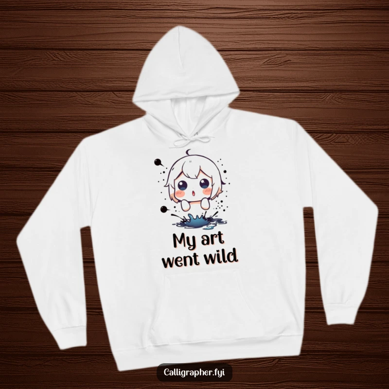 Funny hoodie featuring a cute character with a shocked expression, reacting comically to a sudden ink splatter behind them.