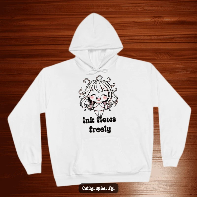 Funny hoodie with a happy character engrossed in practicing elegant ink swirls, providing warmth and artistic inspiration.