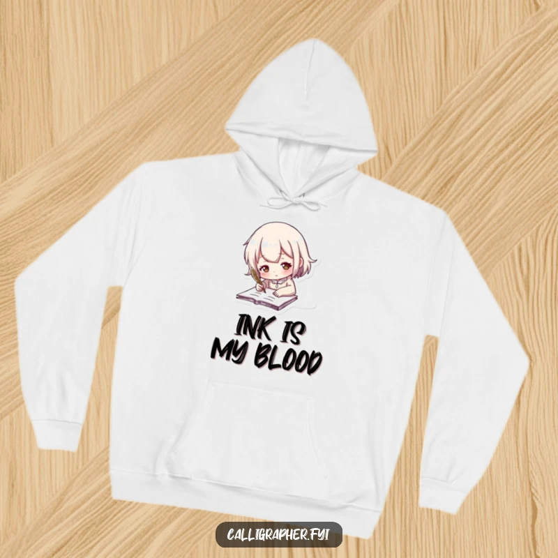 Funny hoodie showing a cute character in a cozy setting, passionately writing with a classic feathered quill pen.