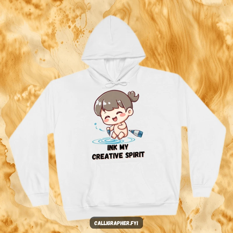Funny hoodie featuring a character happily swirling ink from a pen, exuding creative energy and warmth.