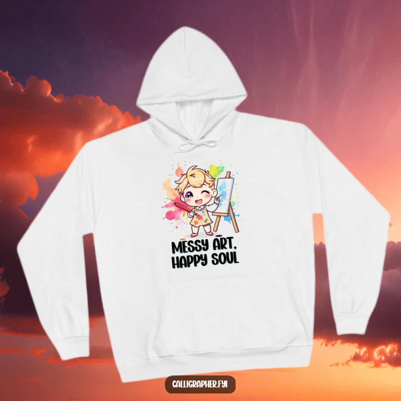 Funny hoodie depicting a joyful character artist energetically splattering colorful ink onto a canvas with a large brush, ideal for art enthusiasts.