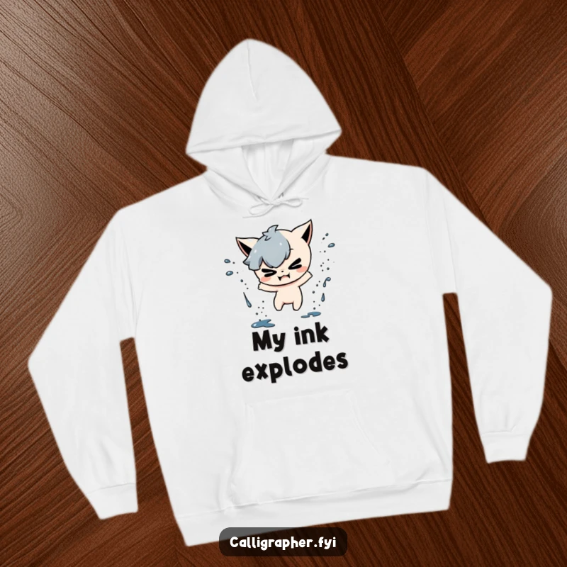 Funny hoodie with a mischievous character joyfully splattering ink drops, offering comfort and a touch of playful chaos.