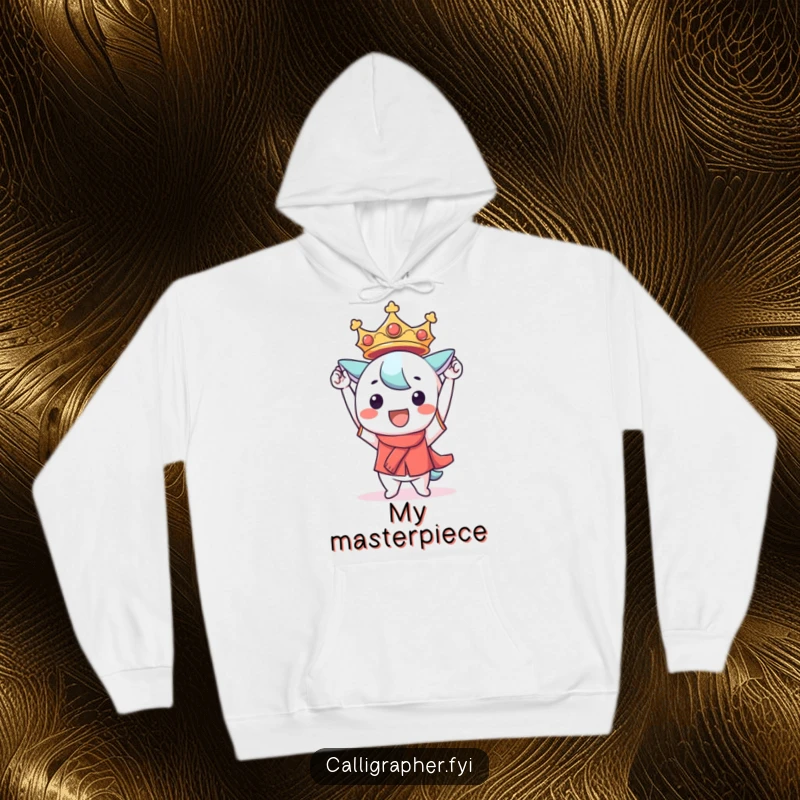 Funny Kawaii character hoodie, beaming with pride while triumphantly holding a perfectly formed character, offering comfort and celebration.