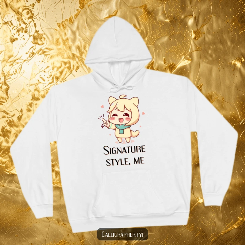 Funny hoodie featuring a cute character enthusiastically displaying a highly decorative and flourished signature.