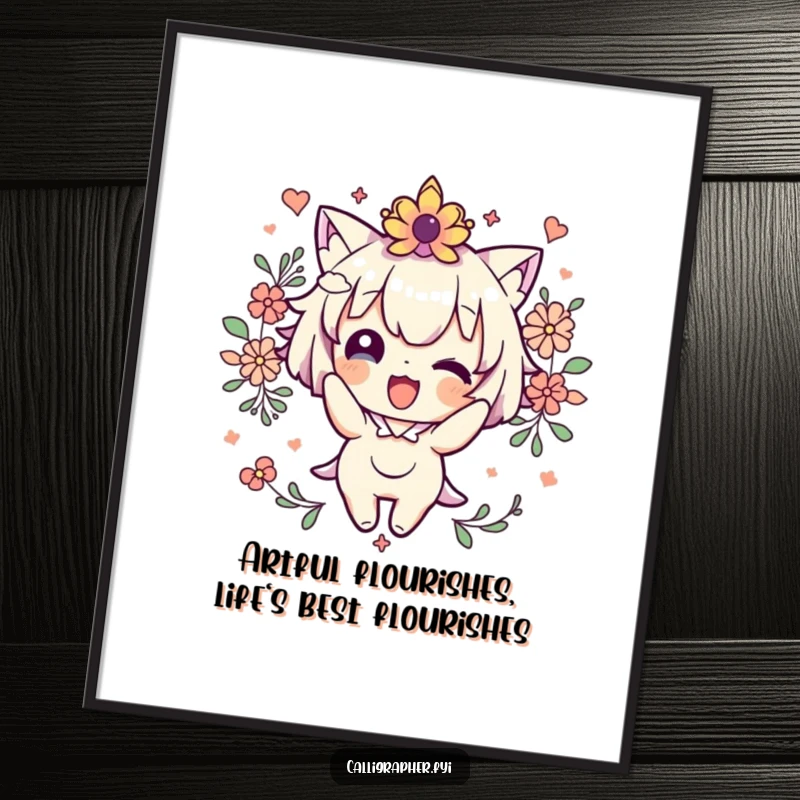 Funny Free Printable Wall Art: Cute character joyfully decorating with flourishes, adding a whimsical and humorous downloadable art piece to any space.