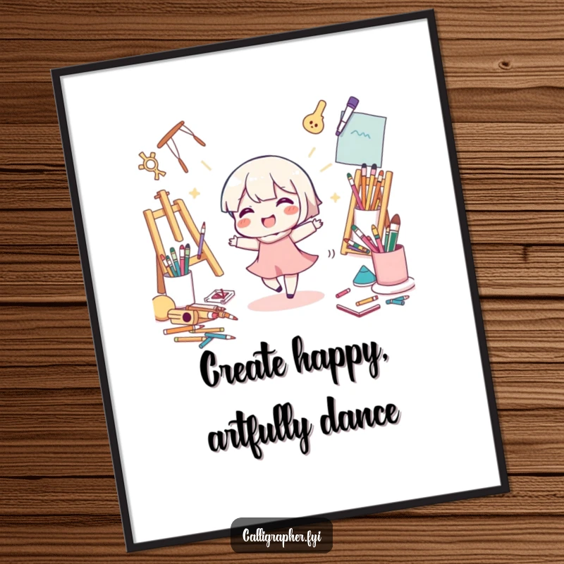 Funny Free Printable Wall Art depicting a cute character in a joyful dance amidst a vibrant explosion of art supplies, celebrating creativity.