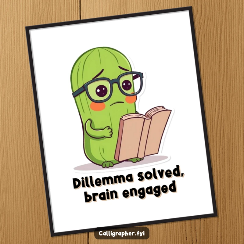Funny Free Printable Wall Art: A pickle in tiny glasses looking utterly confused by a book, perfect for kitchen decor.