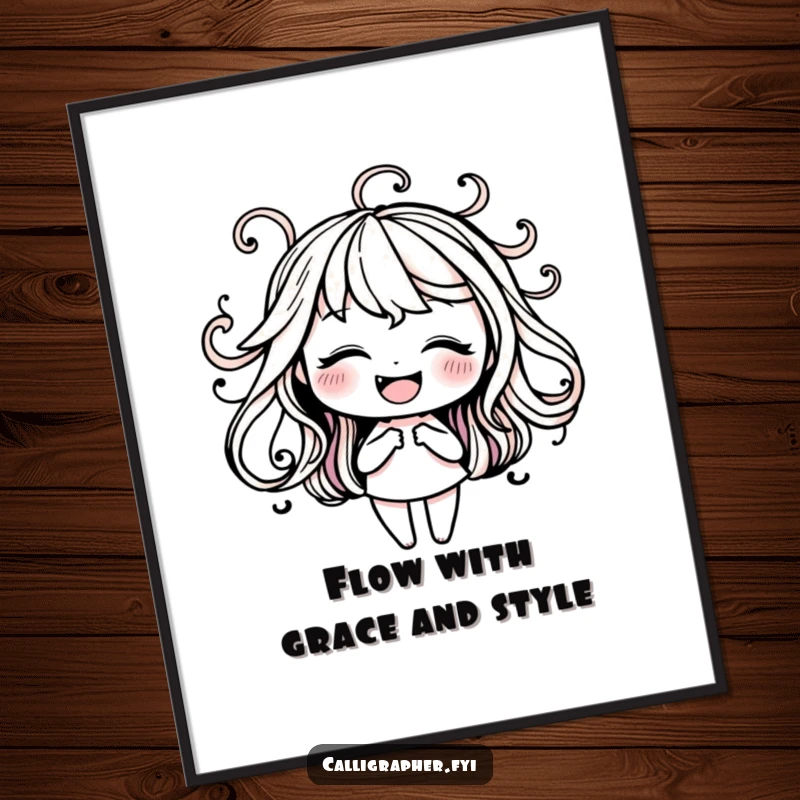 Funny Free Printable Wall Art: A happy character practicing intricate and elegant ink swirls, adding a touch of class.