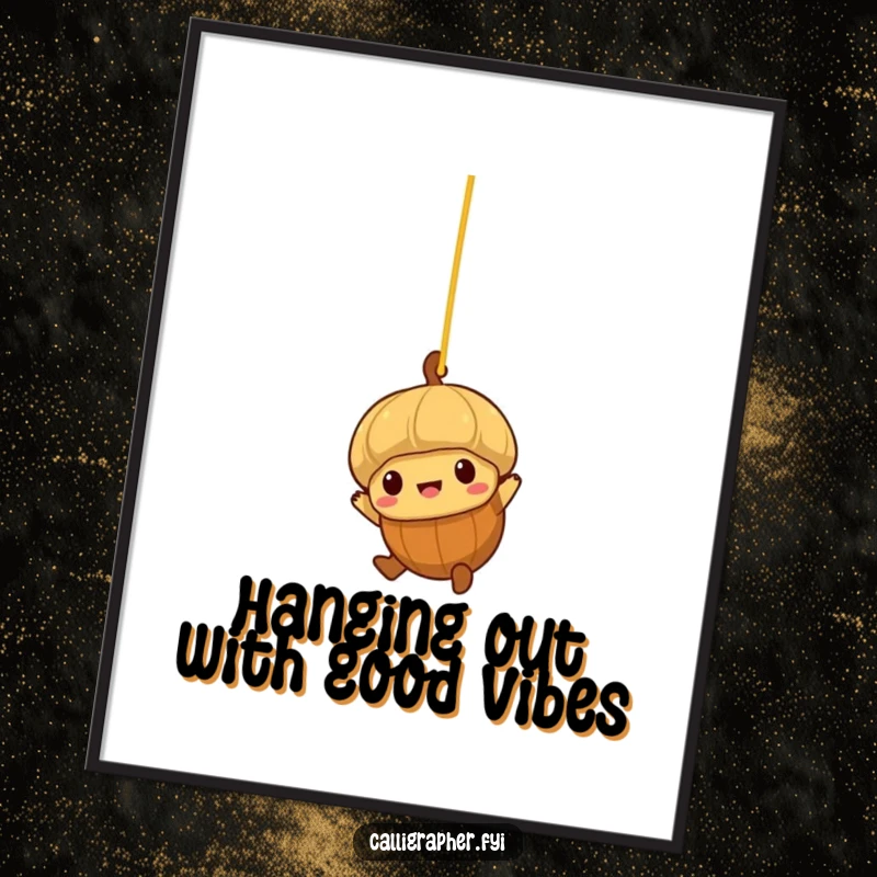 Funny Free Printable Wall Art: Acorn character swinging from spaghetti, adventurous downloadable art.