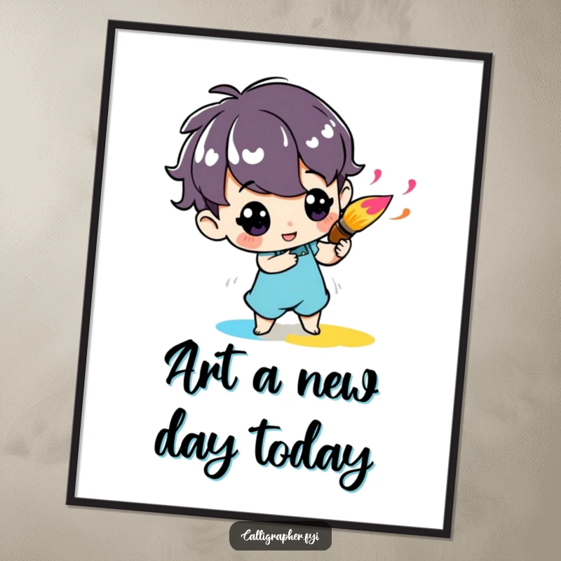 Funny Free Printable Wall Art: A cute character joyfully twirls a paintbrush, splattering vibrant ink.