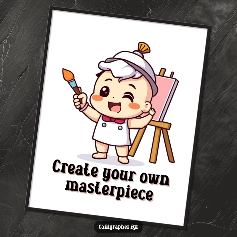 Funny Free Printable Wall Art: Cheerful artist character excitedly gestures with a paintbrush mid-stroke, creating a vibrant masterpiece.