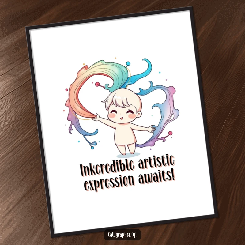 Funny Free Printable Wall Art: a cute character creating vibrant, swirling ink patterns in a dynamic and expressive display.