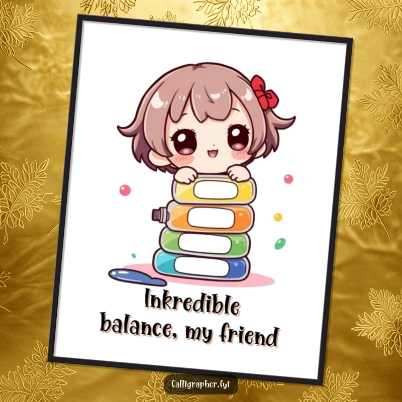 Funny Free Printable Wall Art: Cute character looking focused while balancing a tall stack of colorful ink bottles.