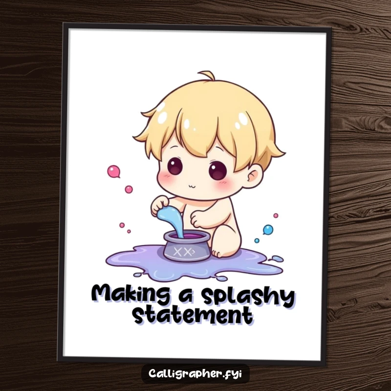 Funny Free Printable Wall Art: cute character in a playful pose, splashing ink from a small pot energetically.