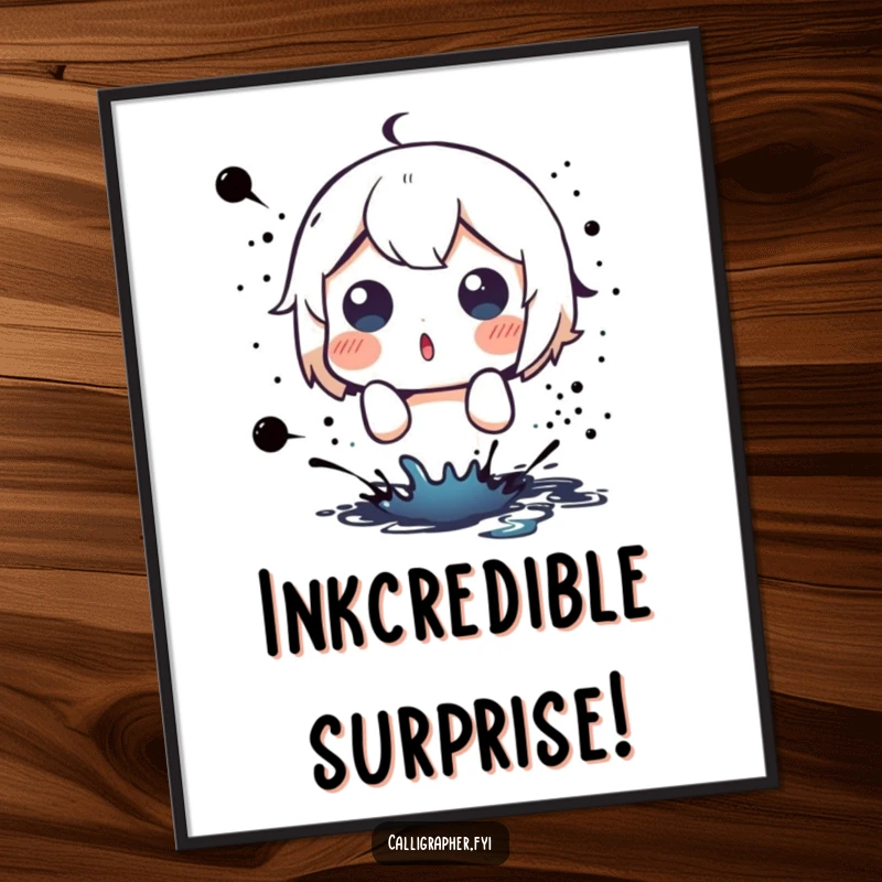 Funny Free Printable Wall Art: Cute character looking surprised at a sudden ink splatter, a humorous and dynamic piece.