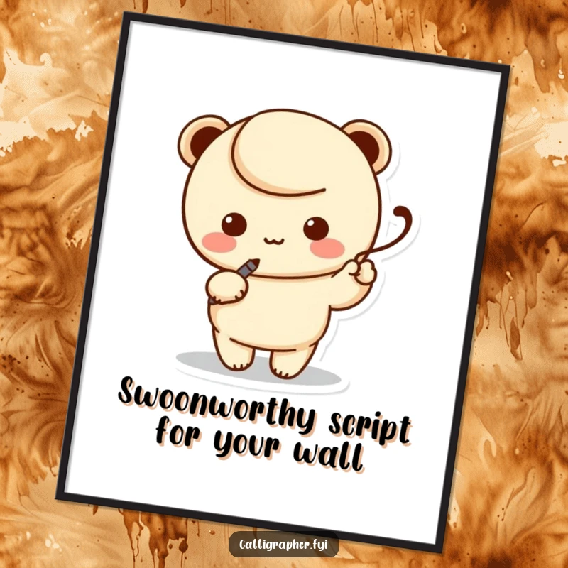 Funny Free Printable Wall Art: a kawaii character elegantly writing a bold swoosh with a calligraphy pen.