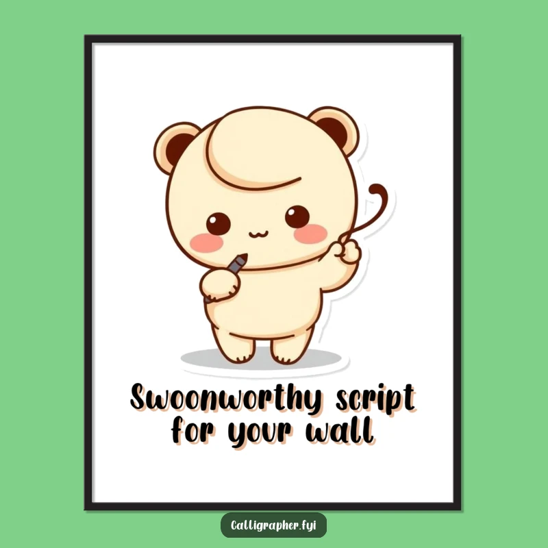 Funny Downloadable Wall Art: Kawaii Calligrapher, Elegant Swoosh, Free Printable Decor